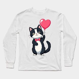 Tuxedo cat with a heart balloon Long Sleeve T-Shirt